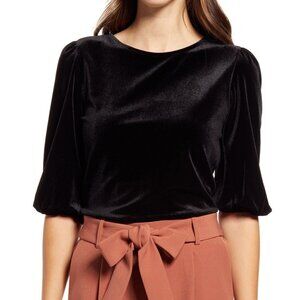 𝅺HALOGEN BNWT Black Velvet Top Small Velour Bubble Sleeve New